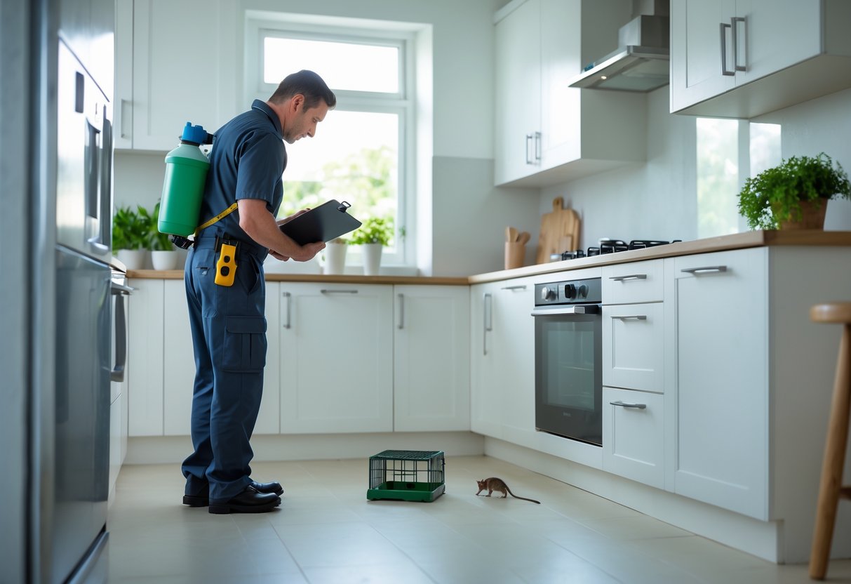 A pest control technician inspecting a clean kitchen with a small rat trap on the floor.