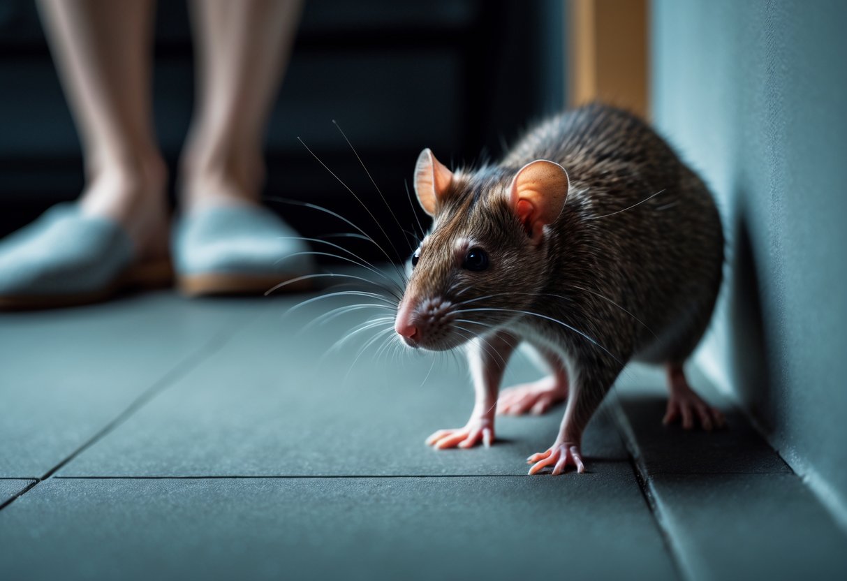 A brown rat in a room corner appearing alert with a blurred human figure in the background.