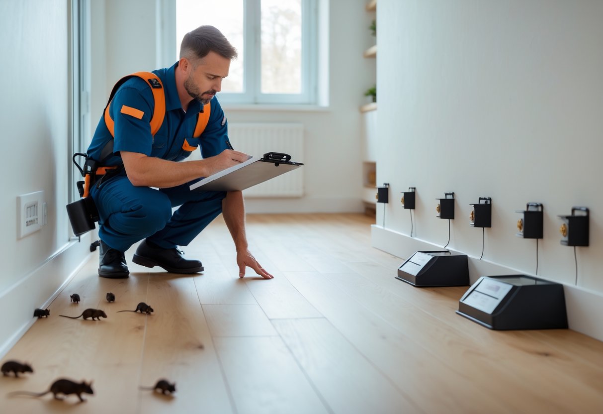 A pest control expert inspecting a corner of a clean home with rat traps placed along the wall.