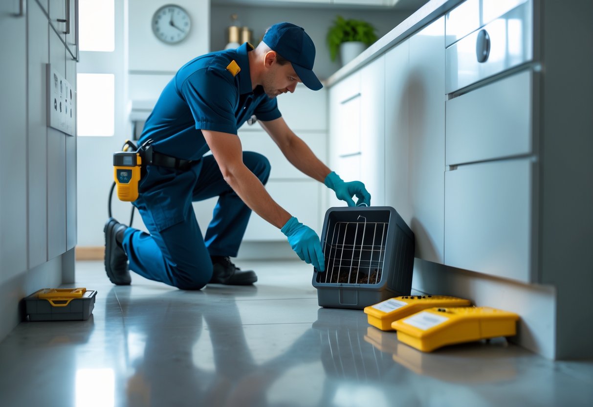 A pest control technician placing a rat trap in a clean kitchen or basement with pest control tools and a calendar in the background.