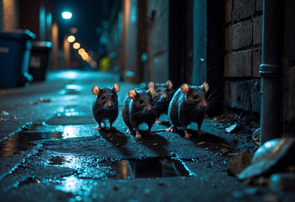 A group of rats coming out of a dark alley at night in a city street setting.