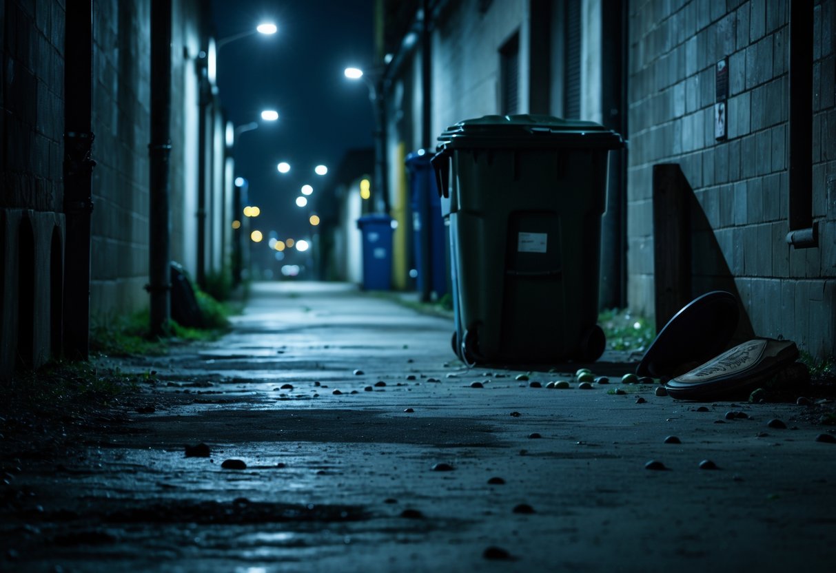 A dimly lit urban alleyway at night with scattered food crumbs near a trash bin and subtle signs of rat activity.