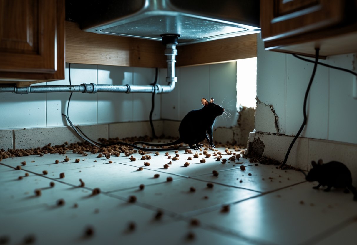 A kitchen corner showing rat droppings, gnaw marks on cabinets, a small hole near the baseboard, and a rat silhouette in the shadows.