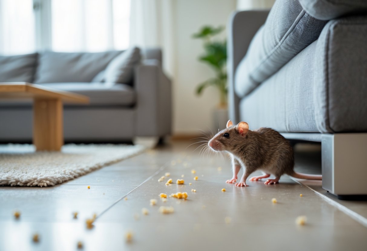 Living room with a small rat peeking out from behind furniture near the floor.
