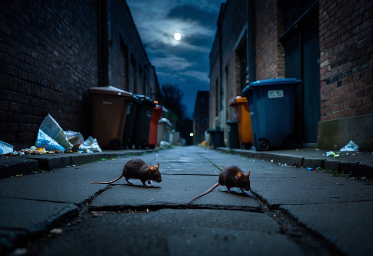 A nighttime urban alley with a few rats emerging from cracks and trash bins under soft moonlight.