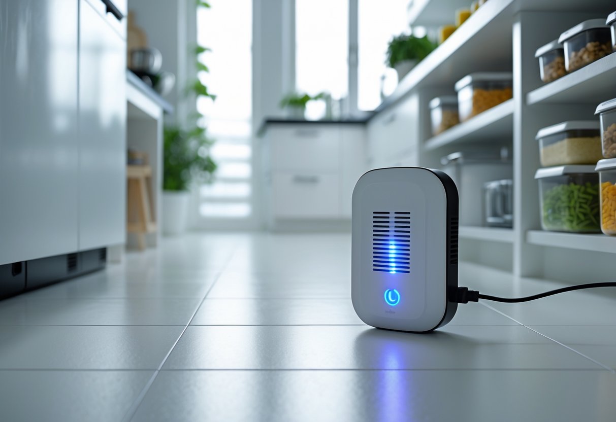 A clean kitchen with an ultrasonic pest repeller plugged into a wall outlet near the floor, showing a tidy and pest-free environment.