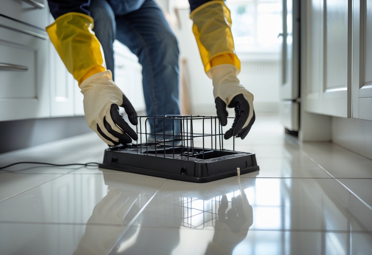 A person wearing gloves sets a humane rat trap on the floor in a clean kitchen corner.