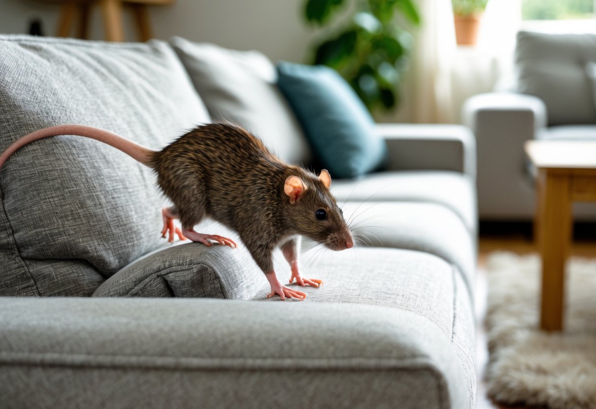 A rat climbing onto the armrest of a fabric couch in a living room.