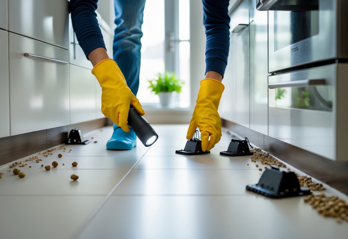 A person wearing gloves setting humane rat traps in a clean kitchen near baseboards and cupboards.