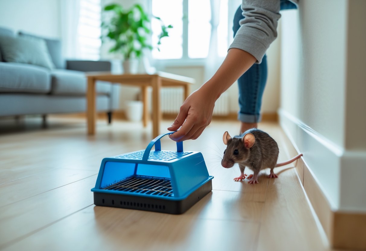 A person placing a humane rat trap on the floor in a living room while a small rat peeks out from a corner.