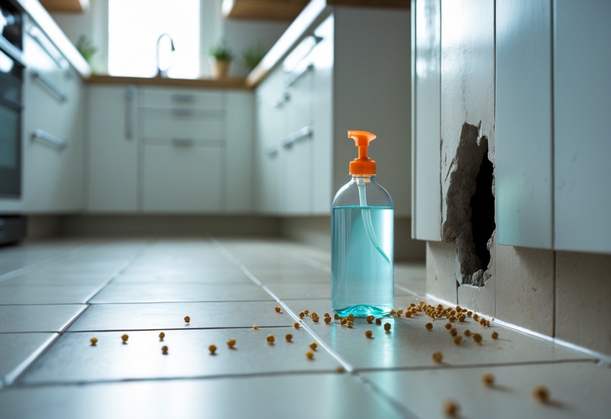 A kitchen corner with a bottle of bleach near a rat hole in the wall and some rat droppings on the floor.