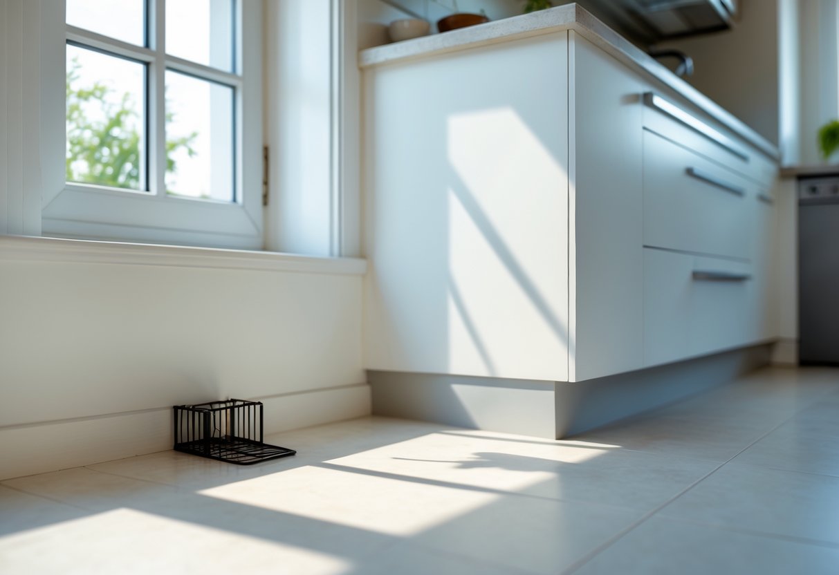 A clean kitchen with a small rat trap placed near the baseboards, suggesting a rat problem.