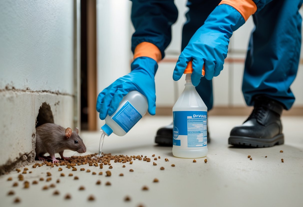 A person wearing gloves and a mask pours bleach near a hole in a wall to address a rat problem in a clean basement.