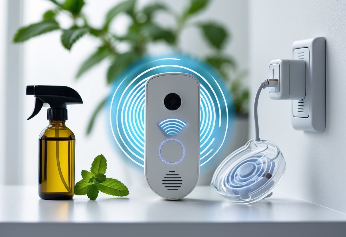 Three rat repellents displayed on a white surface: a peppermint oil spray with fresh leaves, an ultrasonic pest repeller plugged into a wall, and a transparent humane rat trap with bait inside.