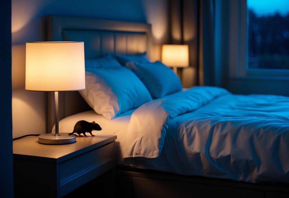 A bedroom at night with a lamp turned on and a small rat near the corner of the room.