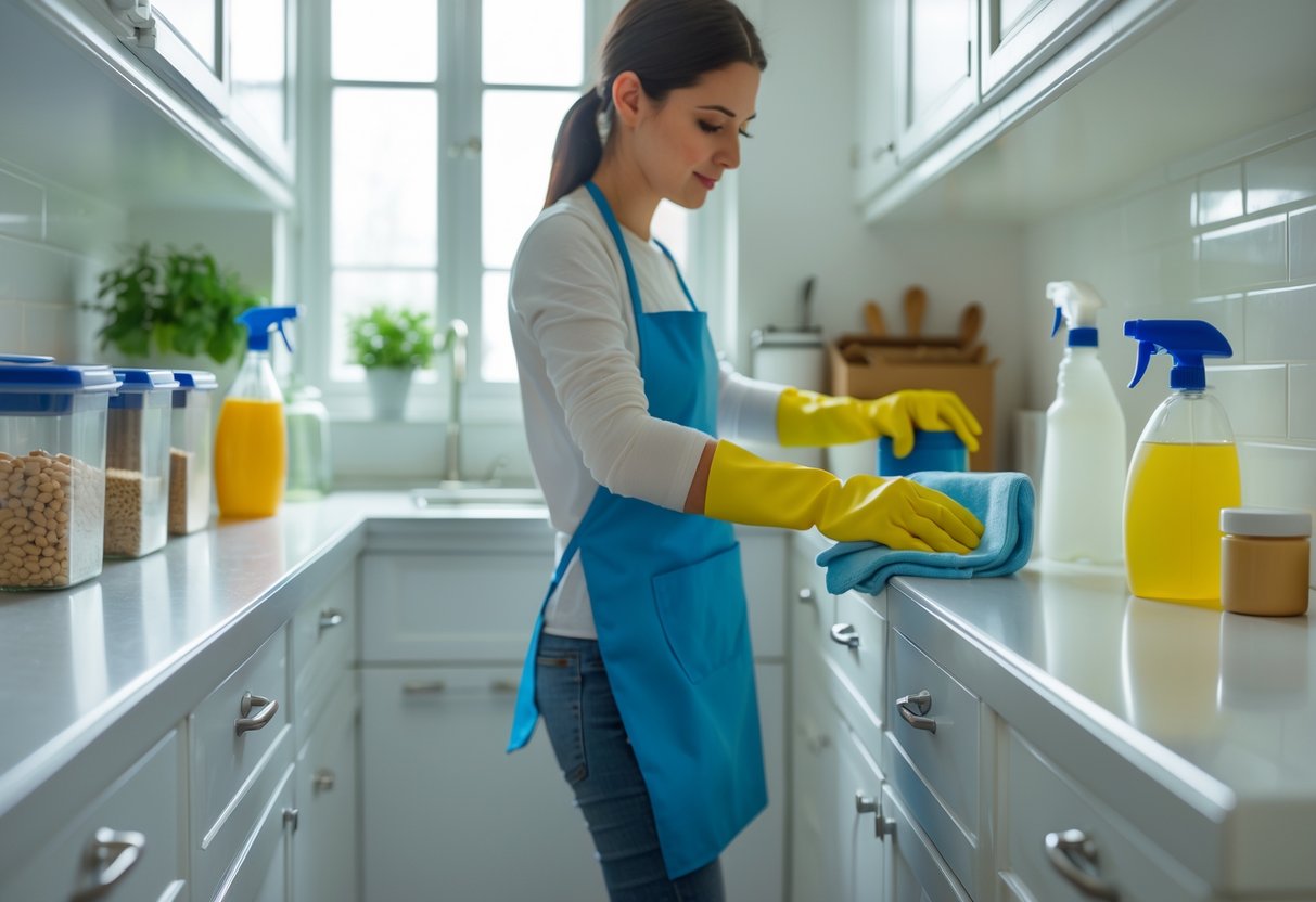 A person cleaning a tidy kitchen countertop with gloves and spray bottle, with no rats visible.