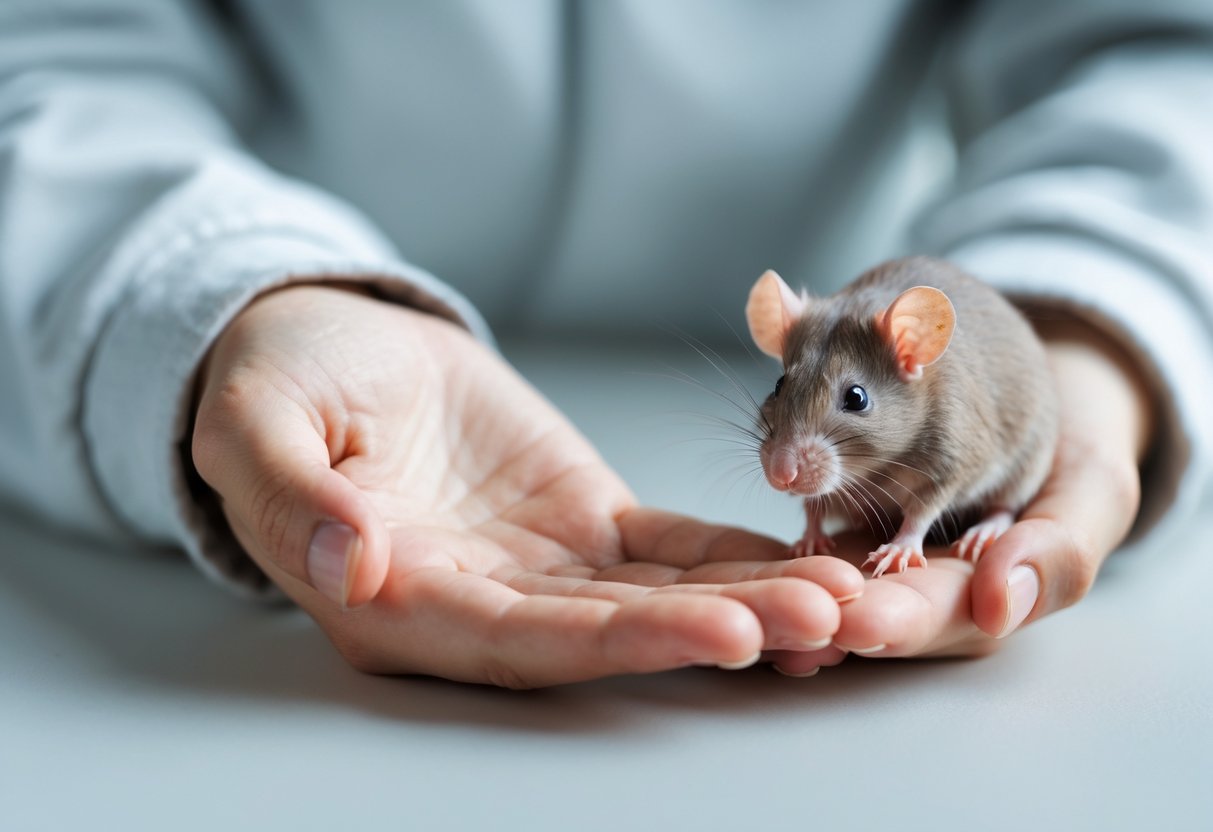 A close-up of a person's hand gently touching a small rat against a neutral background.