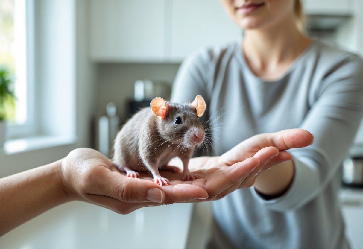 A person holding a small rat carefully in a modern kitchen, looking at it with concern.