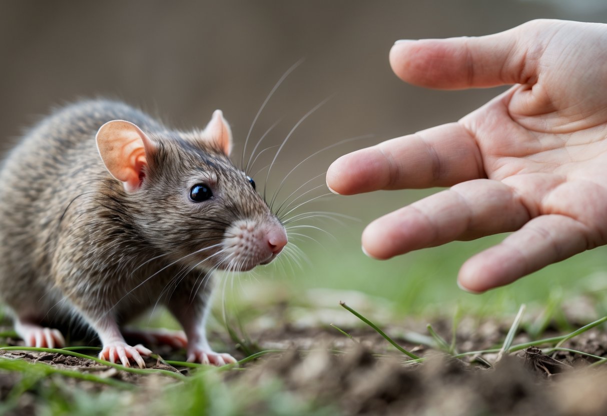 A close-up of a rat looking attentively at a human hand reaching out gently outdoors.
