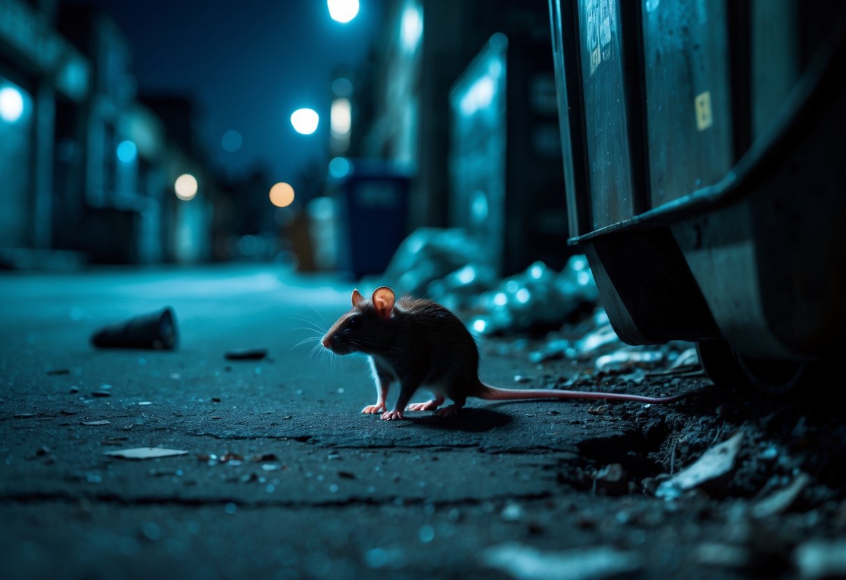 A small brown rat emerging from a crack near a dumpster in a dimly lit urban alley at night.