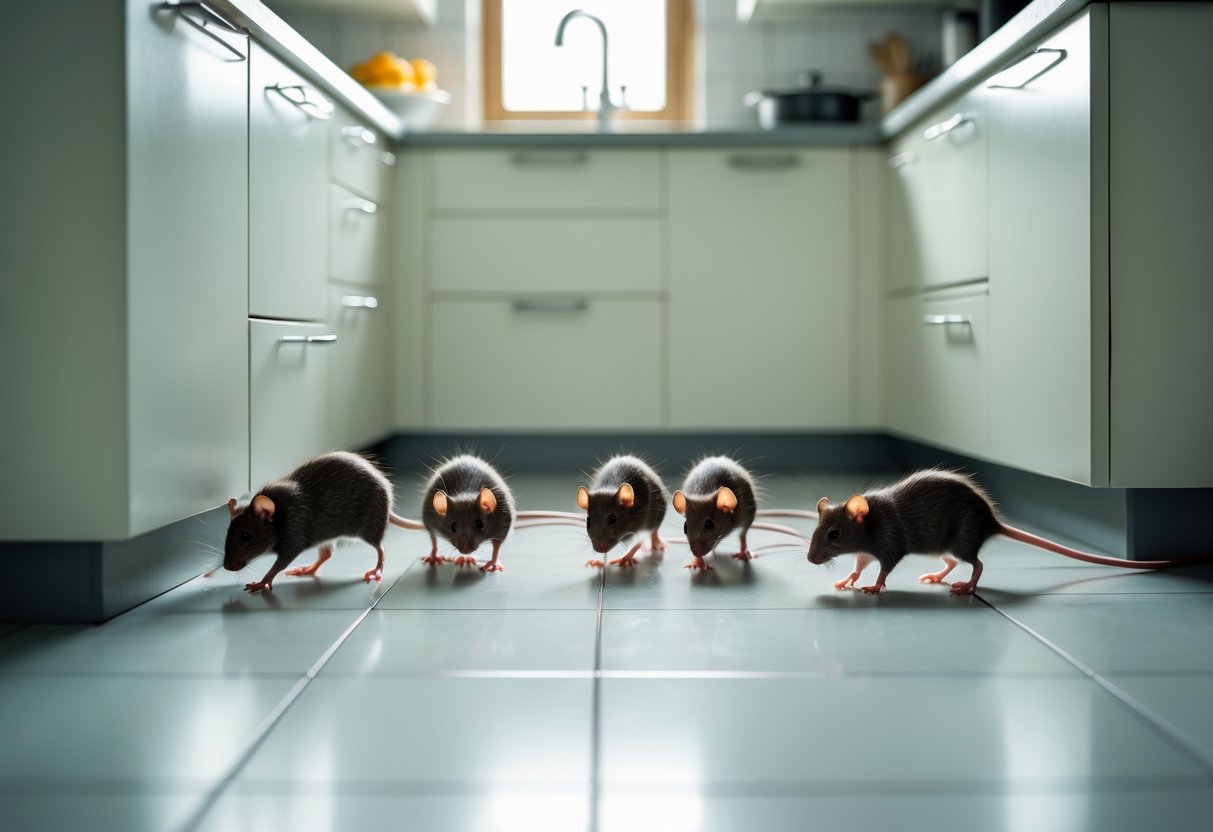 Several rats exploring an empty kitchen corner with no food visible.