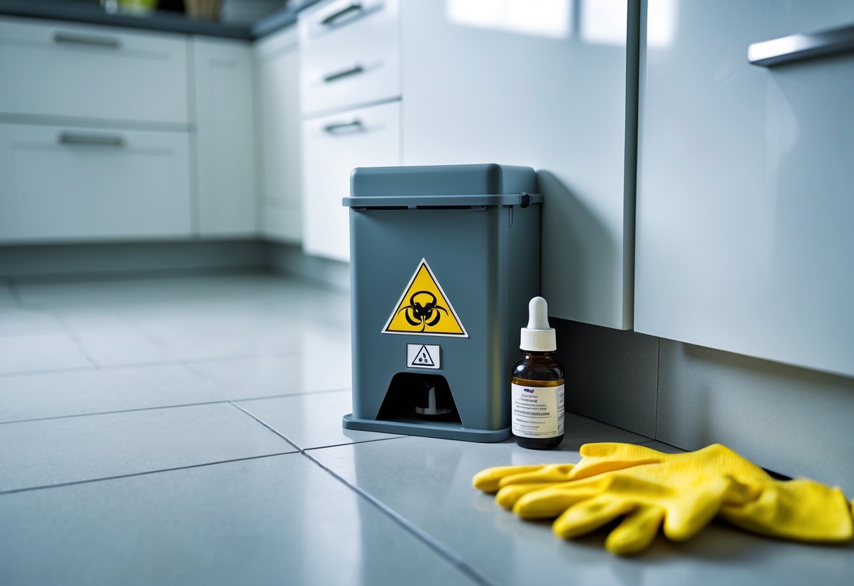 A kitchen corner with a closed rat bait station placed near the baseboards and pest control supplies on the countertop.