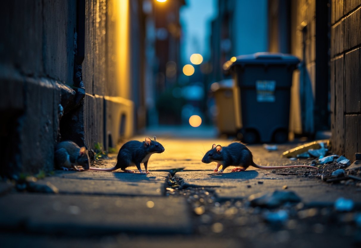 Small rats emerging from an alleyway at dusk, exploring the area under streetlights.
