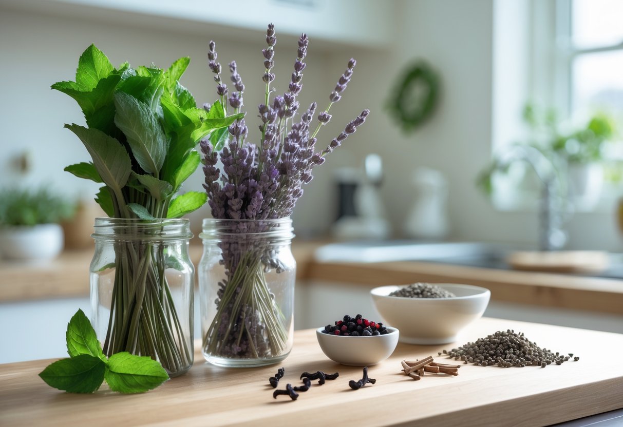A kitchen countertop with jars of dried peppermint, lavender, and bowls of black peppercorns and cloves.