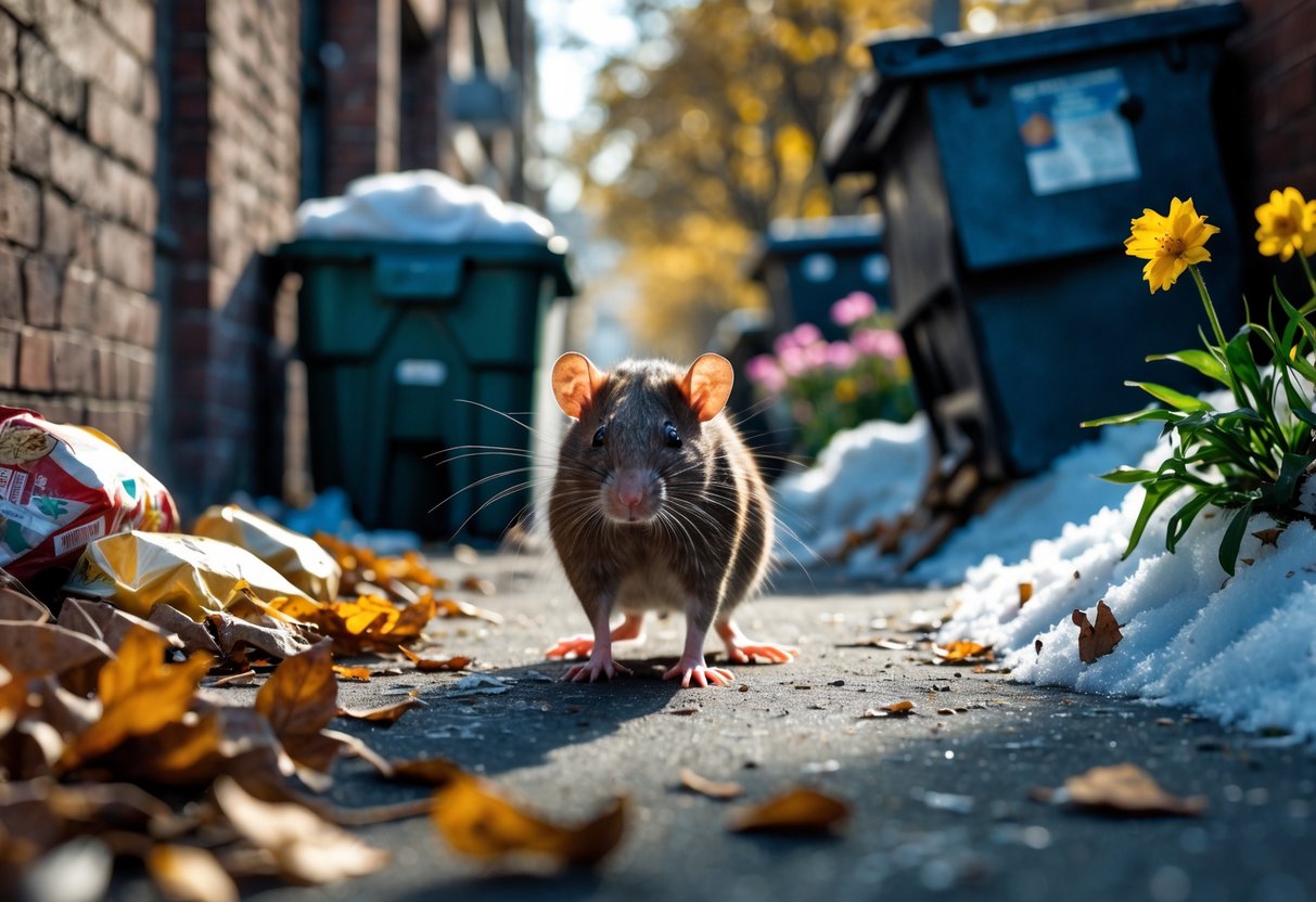 A brown rat near a dumpster in an alley with seasonal elements like autumn leaves, snow, spring flowers, and summer sunlight around it.