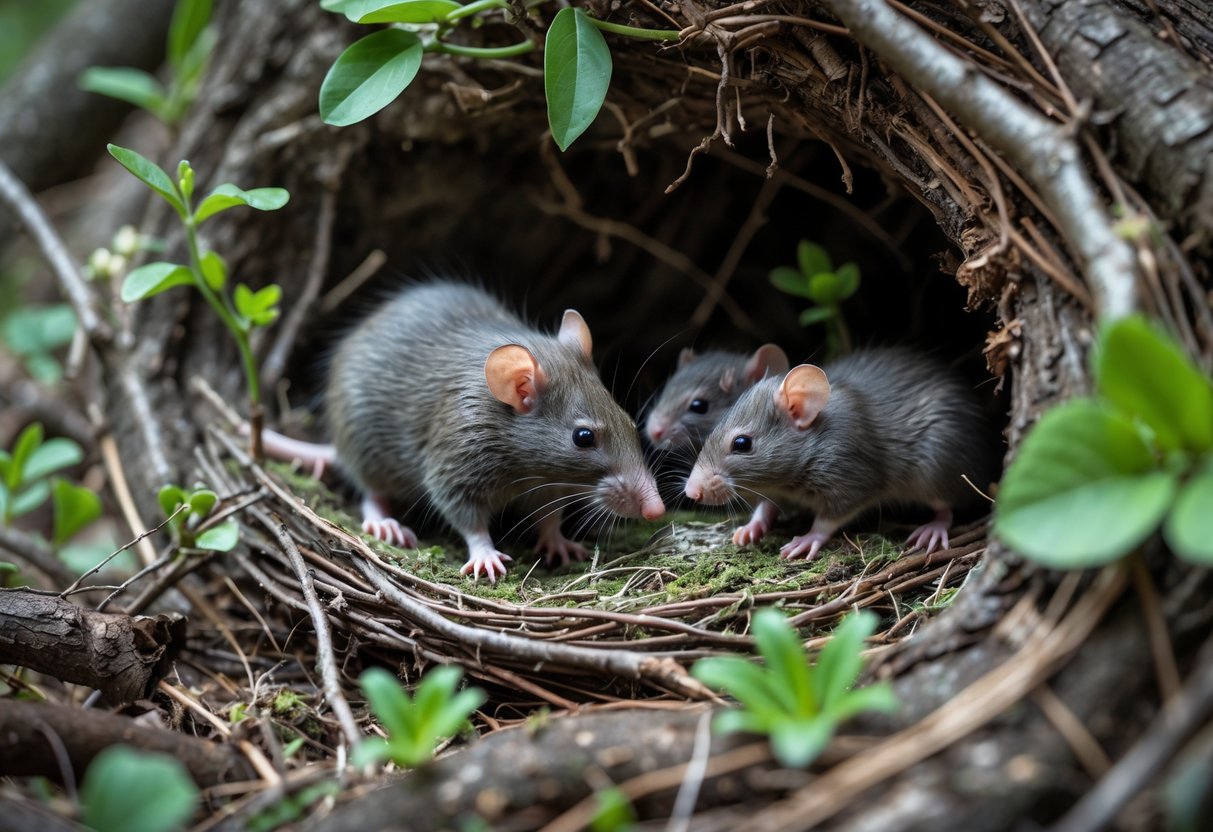 A small rat nest made of twigs and leaves hidden under a tree trunk with a mother rat and her pups nearby in a green outdoor setting.