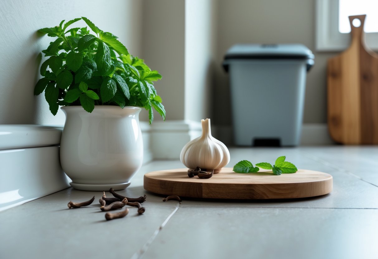 A clean kitchen corner with peppermint plants, garlic, cloves, and a sealed trash bin, illustrating natural rat deterrents.