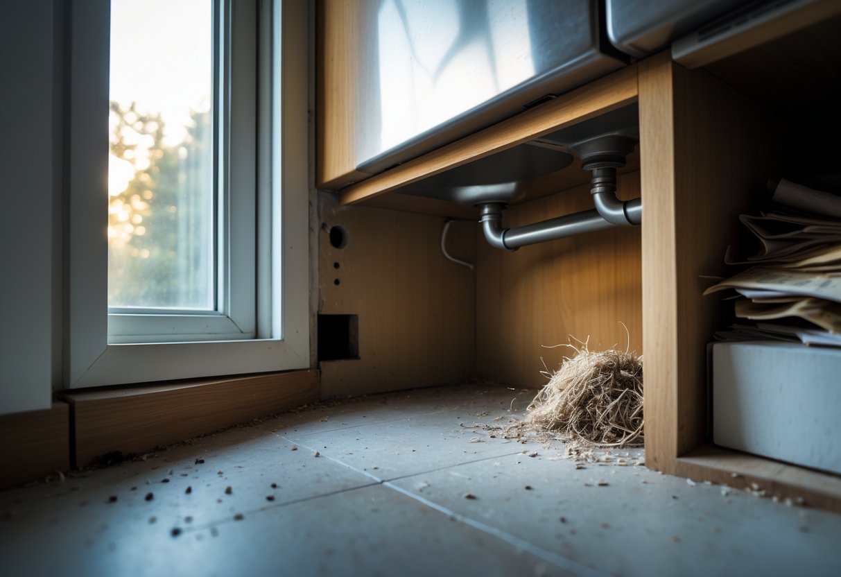 A dimly lit corner of a house interior showing an open cabinet under a sink and a small gap near the baseboard with scattered crumbs and a makeshift nest hidden behind boxes.