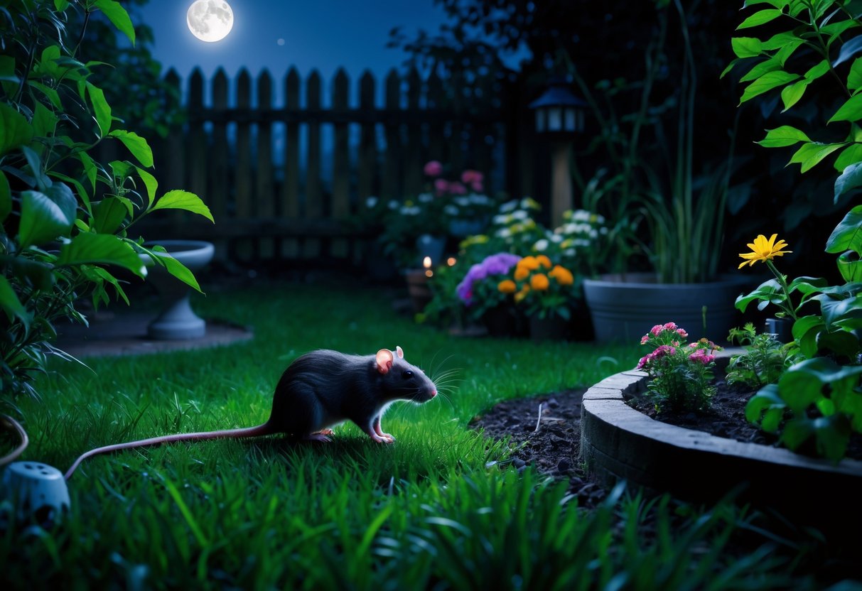 A single rat in a garden at night surrounded by plants and grass under soft moonlight.