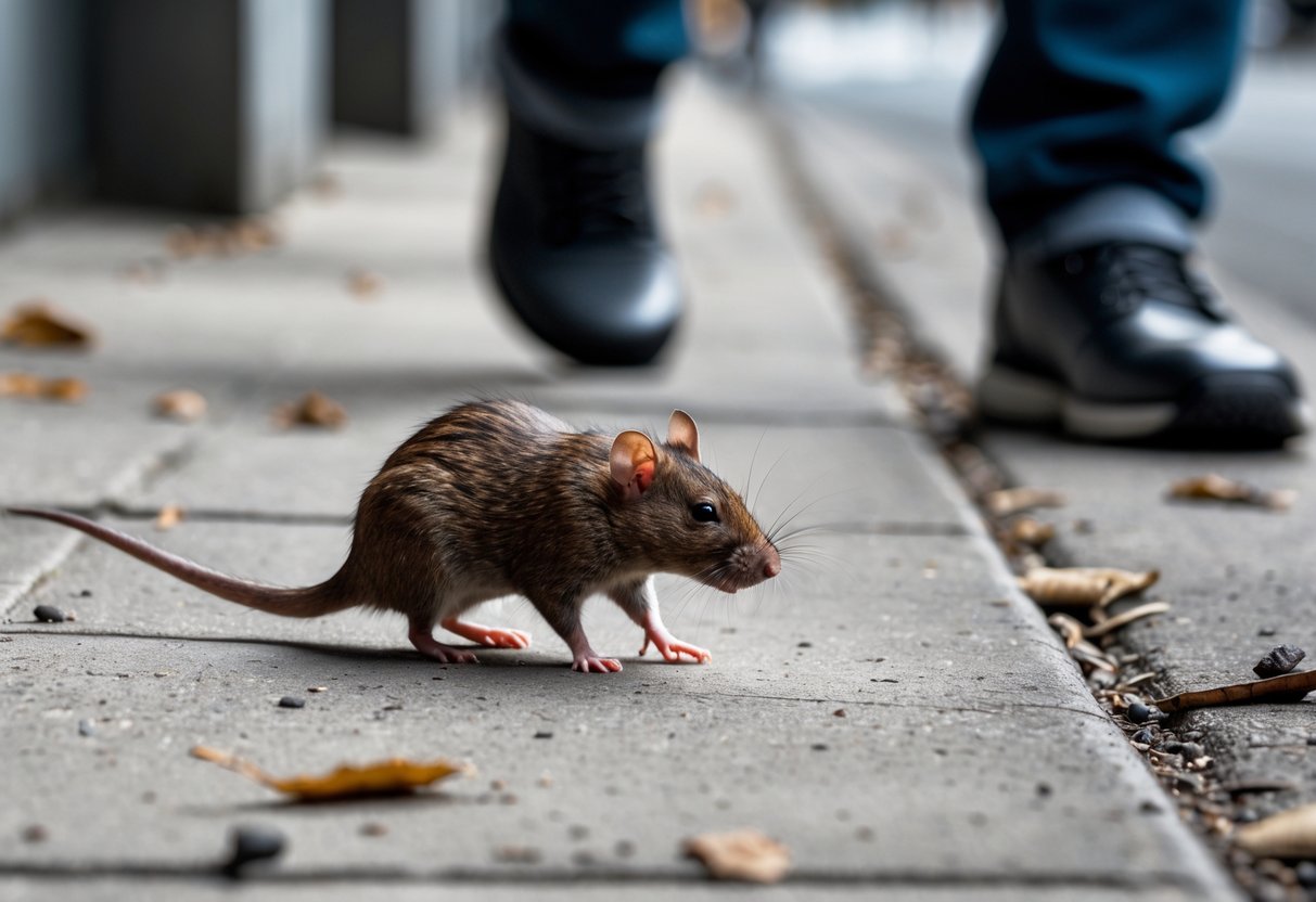 A brown rat running away on a city sidewalk from approaching human feet.