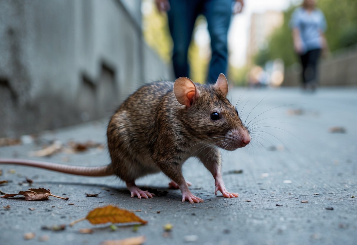 A small brown rat running away on a concrete surface with a person walking nearby in the background.