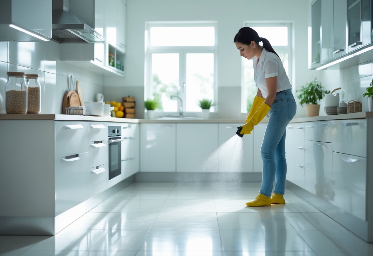 A person spraying natural pest repellent in a clean, organized kitchen with sealed food containers and no signs of rats.