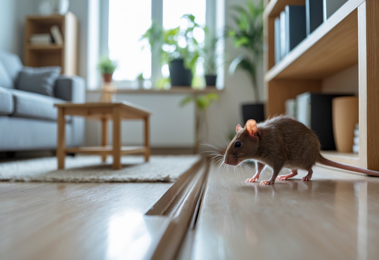 A small brown rat cautiously exploring the corner of a clean living room in a modern home.