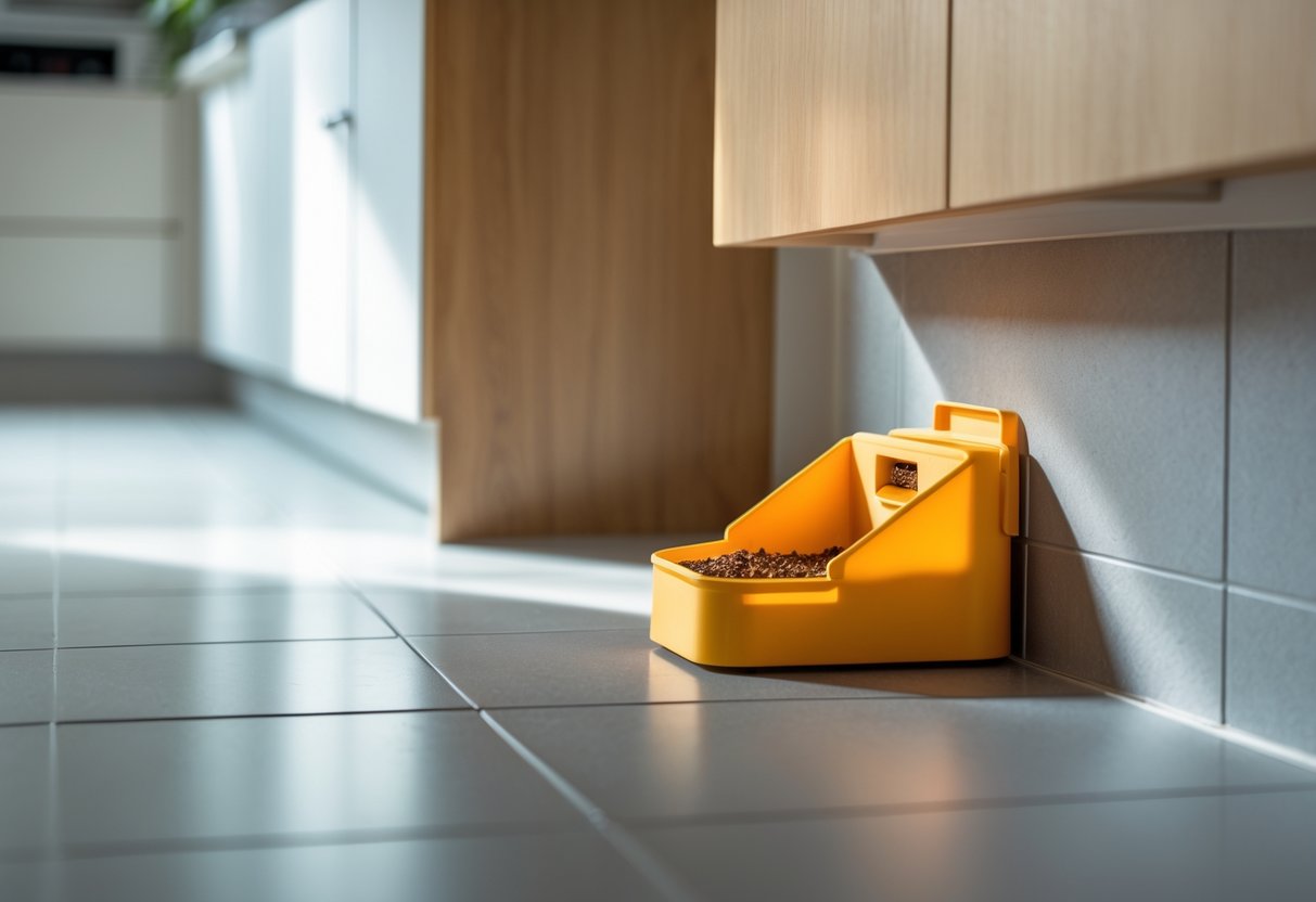 A kitchen corner with a rodent bait station placed on the floor near a wall.