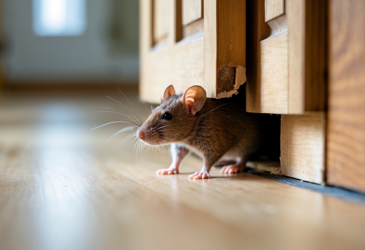 A small brown rat peeking under a slightly open wooden door on a light hardwood floor.