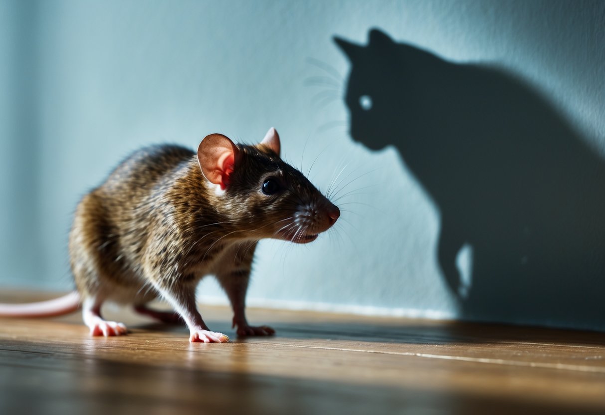 A small brown rat on a wooden floor looking frightened, facing a large cat shadow on the wall.
