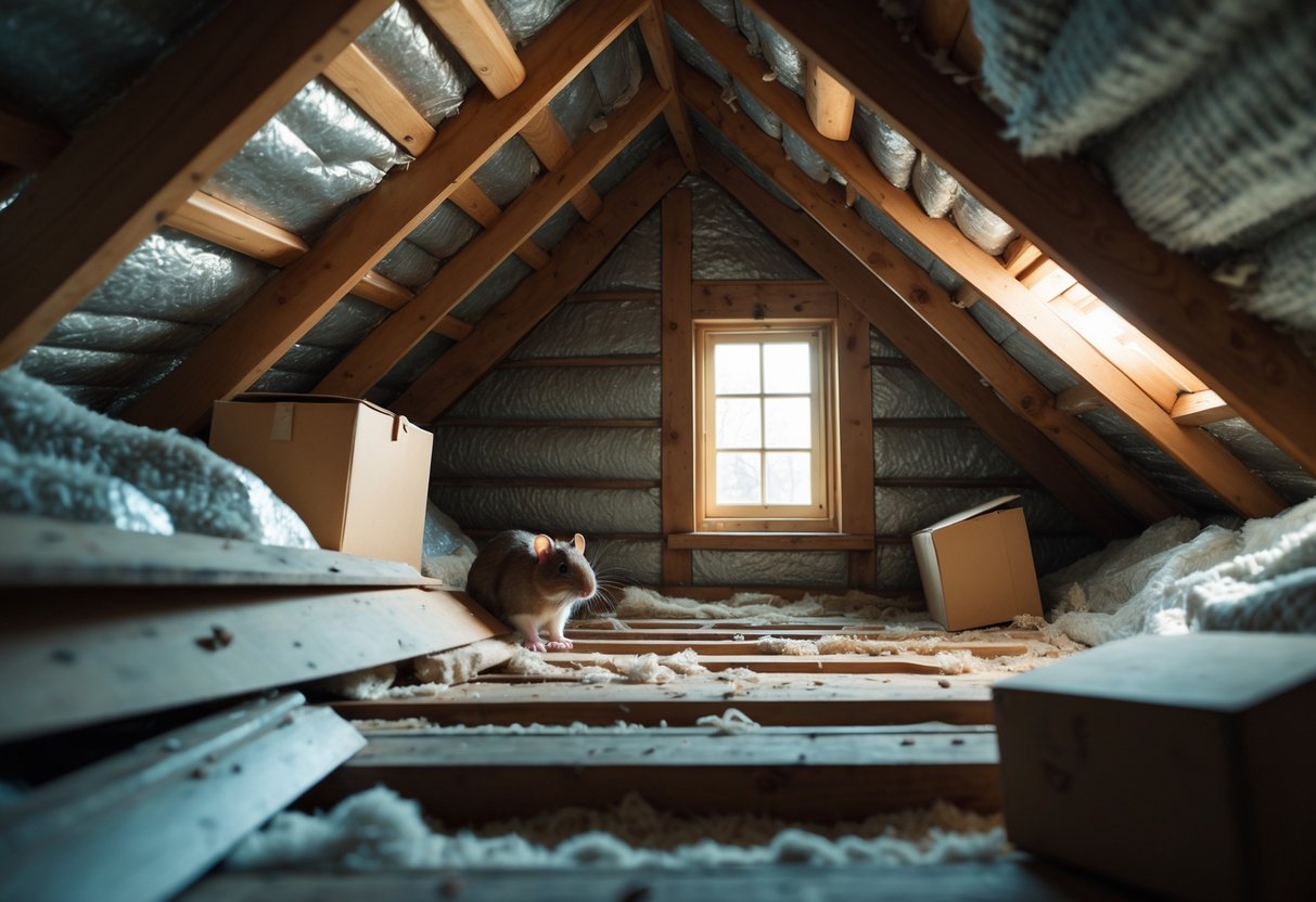 A brown rat peeking out from a gap between wooden beams in a cluttered attic during daytime.