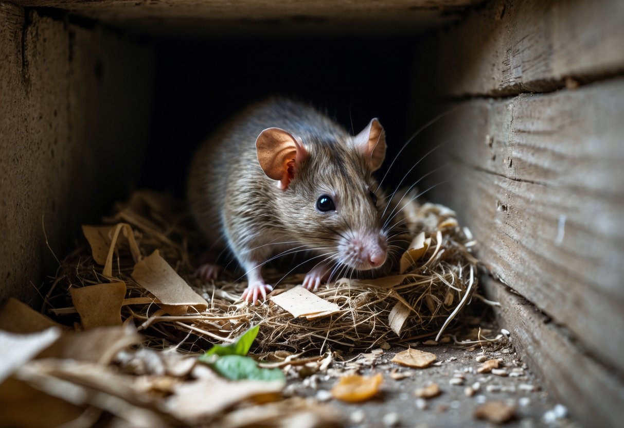 Close-up of a small nest made of shredded paper and leaves tucked in a dark corner beneath wooden floorboards.
