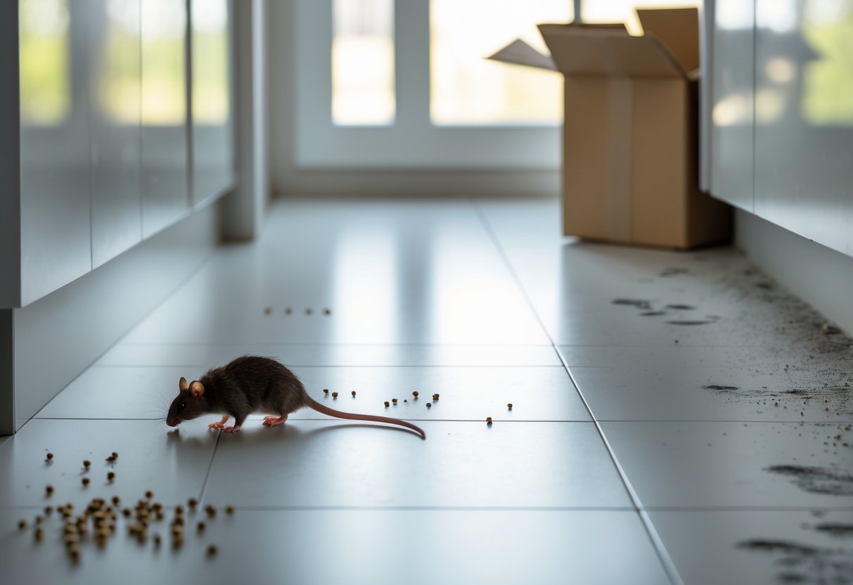 A kitchen floor and countertop showing small droppings, a gnawed cardboard box, and faint footprints along the baseboard.