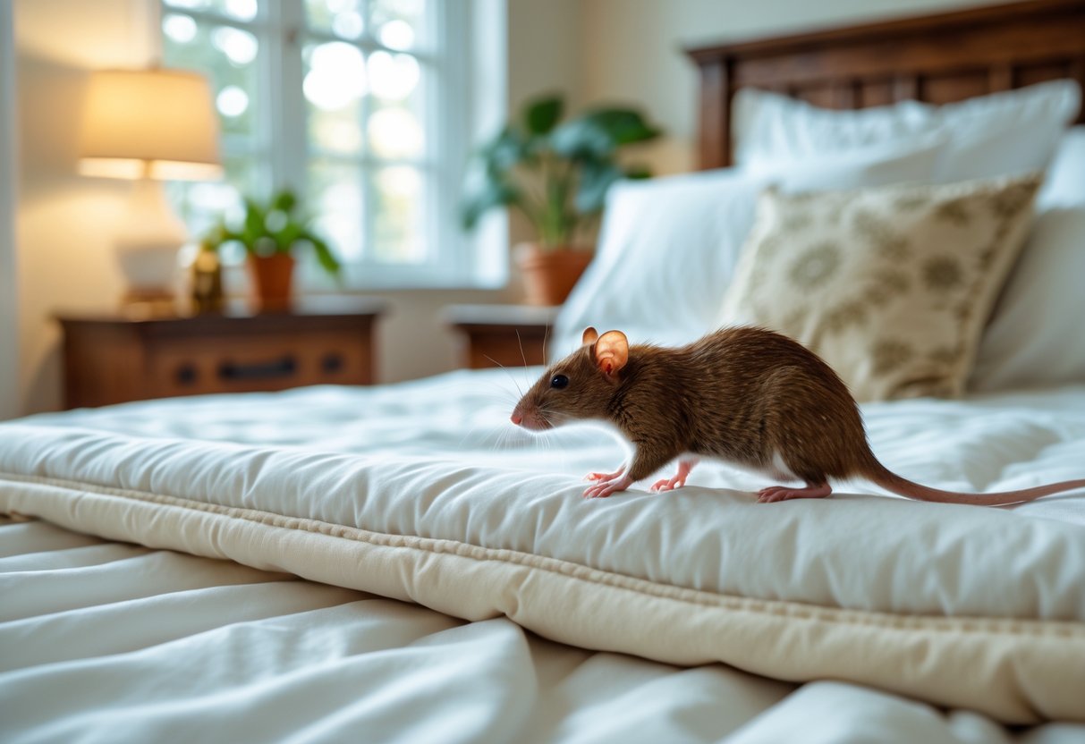 A small brown rat climbing onto a neatly made bed in a cozy bedroom.