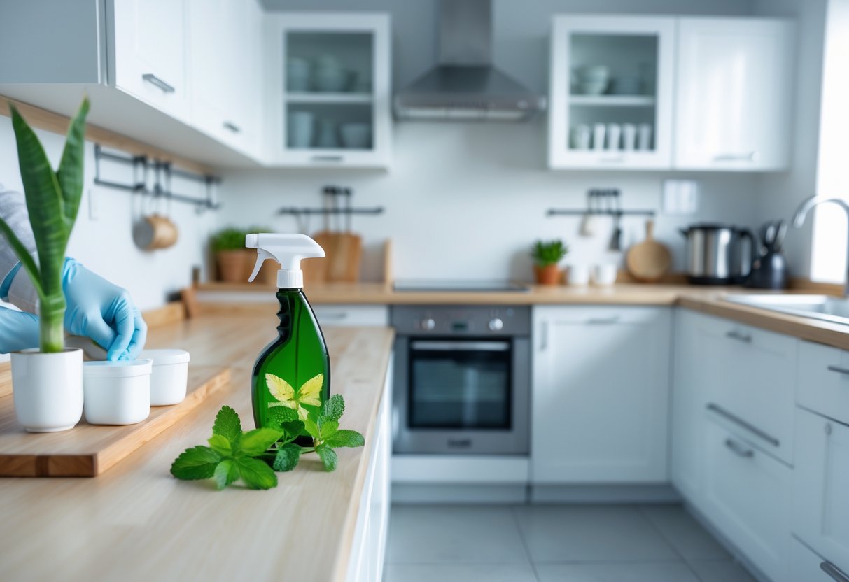 A clean kitchen with sealed food containers and a person spraying natural deterrent near the baseboards, with rat traps placed along the walls.