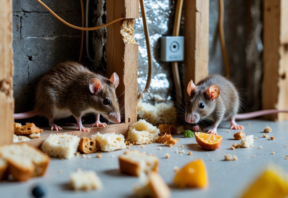 Close-up view of rats inside a wall cavity eating small pieces of food like crumbs and fruit.