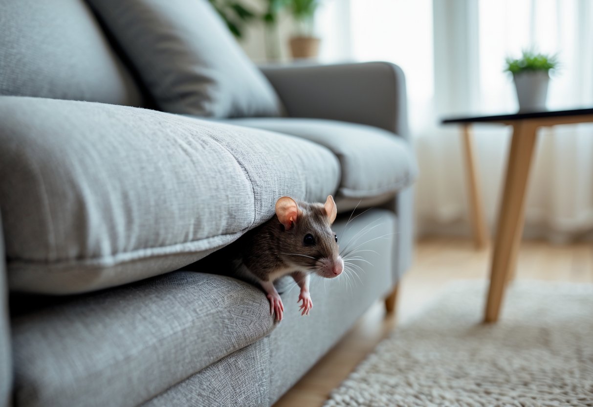 A small rat peeking out from underneath the cushions of a sofa in a living room.