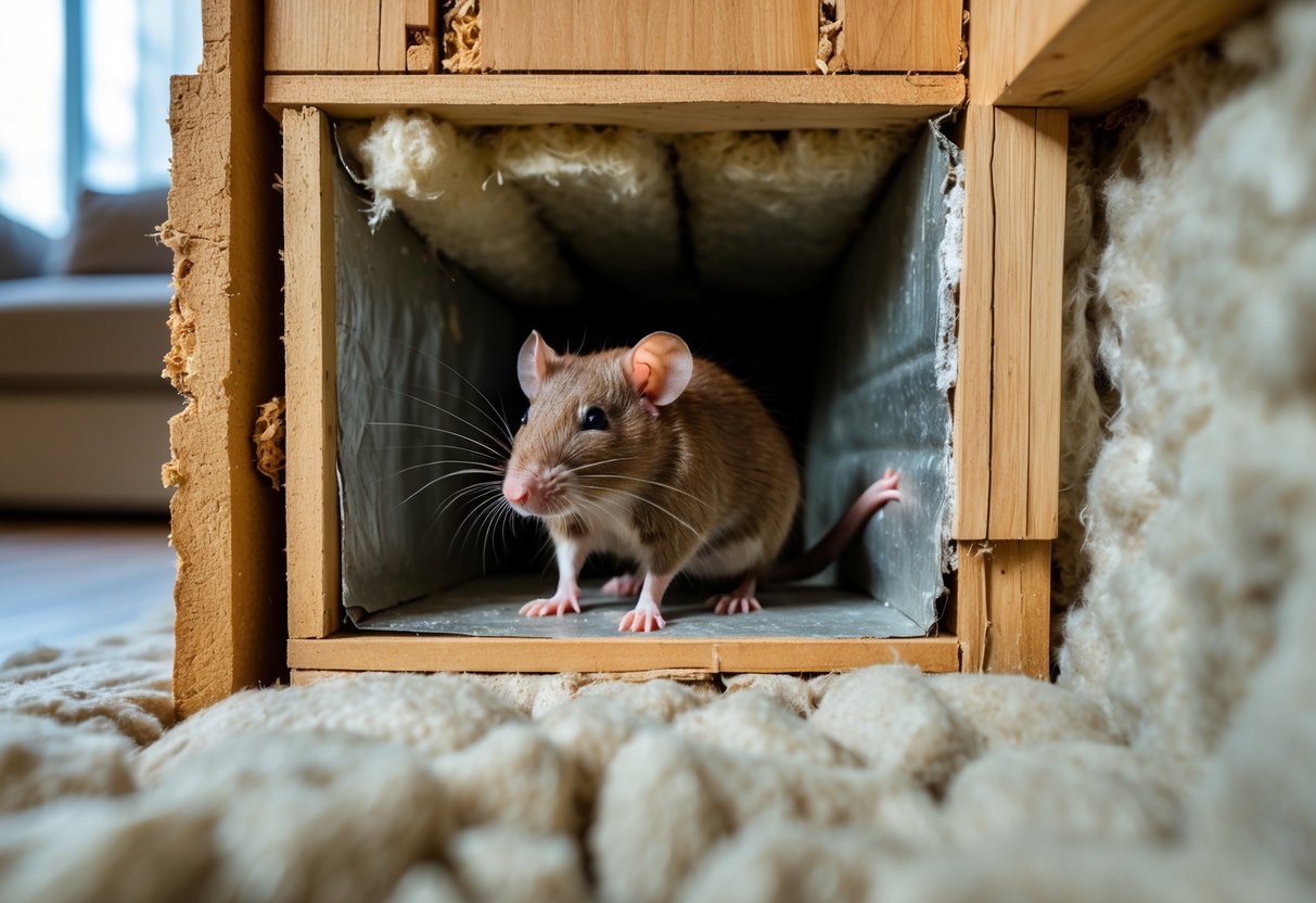 Cross-sectional view of a house wall with a brown rat nestled inside the insulation among wooden studs.