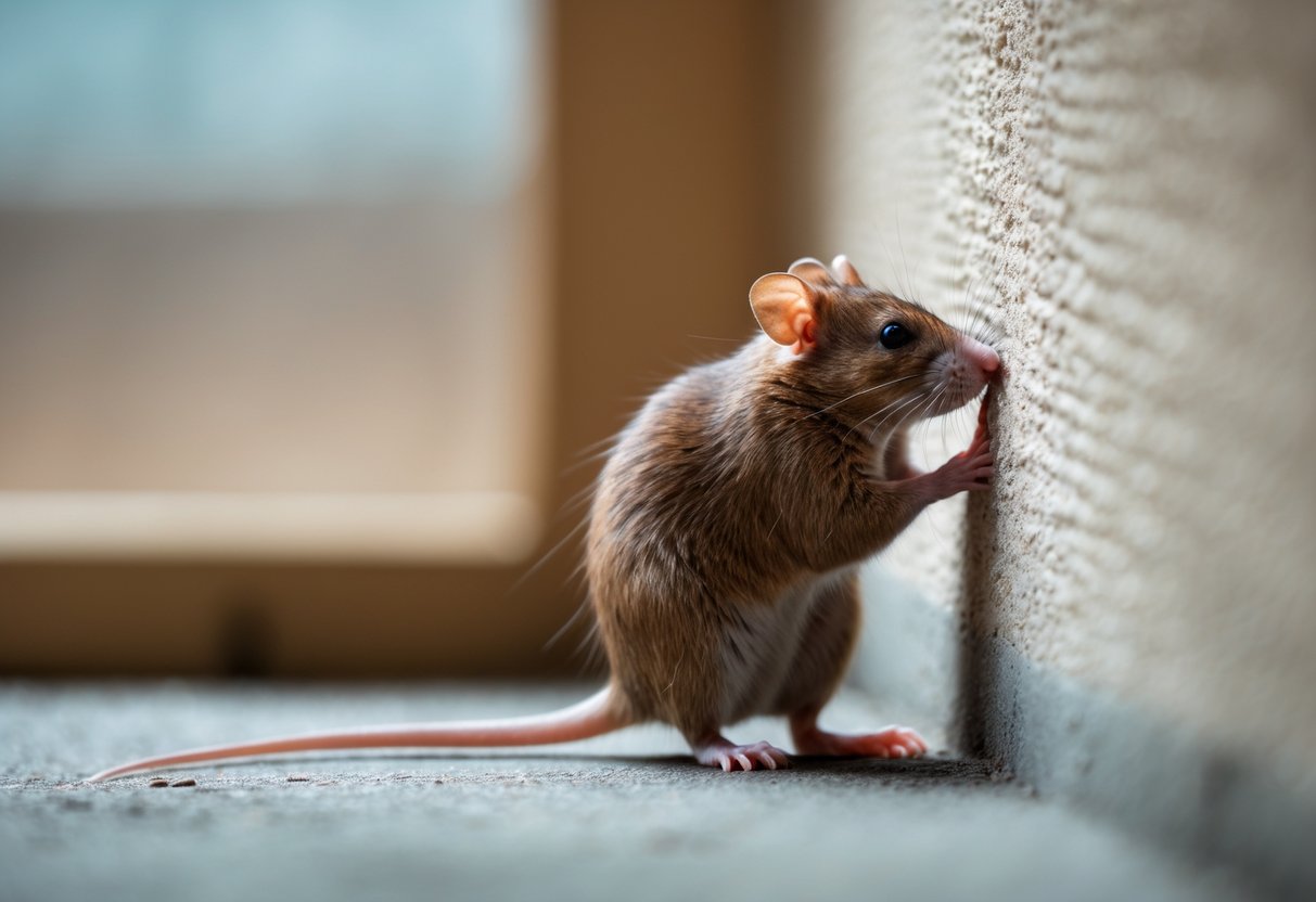 A small brown rat pressed closely against an indoor wall.
