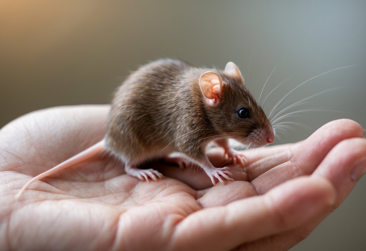 A small brown rat gently scratching a person's hand with its front paws.
